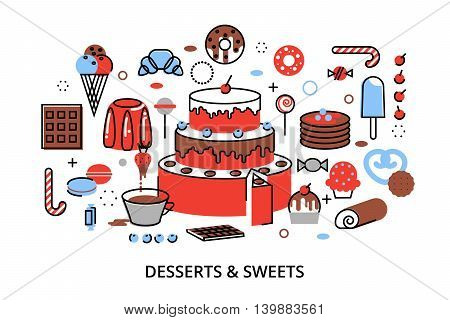 Modern flat thin line design vector illustration concept of sweet desserts cake and chocolate for graphic and web design