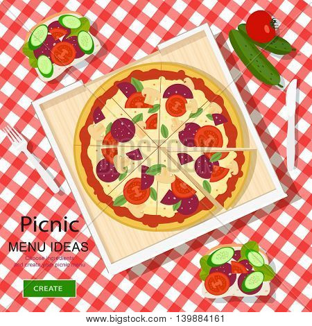 Cool graphic vector concept of picnic menu ideas for summer vacation. White checked cloth with pizza, sandwiches and vegetables. Flat style vector illustration.