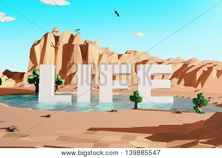Abstract polygonal desert with mountains and voluminous text in pond. Life concept. Clear sky background. 3D Rendering