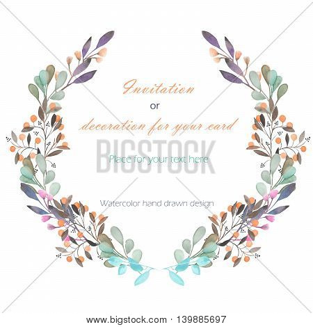 Circle frame, wreath of the pink and green branches and berries, hand drawn in a watercolor on a white background, greeting card, decoration postcard or invitation