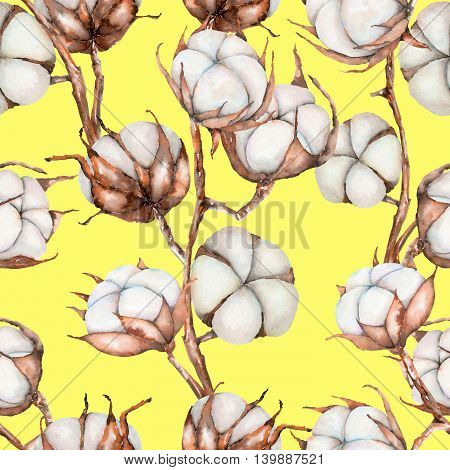 Seamless pattern of watercolor cotton flowers branches, hand drawn isolated on a yellow background