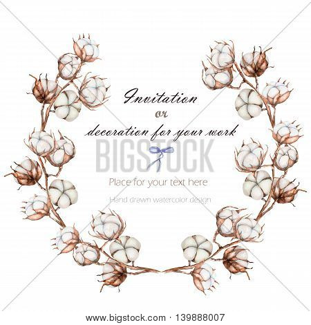 Wreath, circle frame with the cotton flowers branches, hand drawn on a white background, background for your card and work