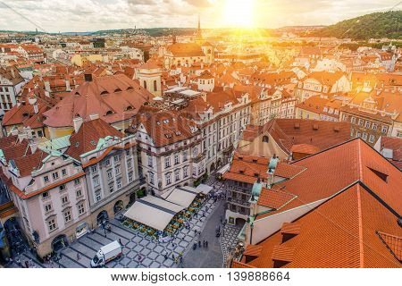 Prague Czechia Old Town Bird Eye View. Summer Sunset in the Prague.