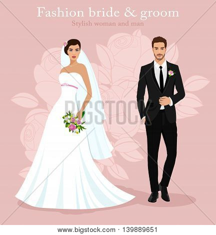 Cute young married couple: fashion beautiful bride with bouquet and handsome groom in stylish suit. Modern detailed graphic wedding set. Flat style vector illustration.