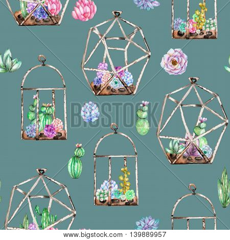 Seamless pattern with florariums with watercolor succulents and cuctuses inside, hand drawn isolated on a vintage green background