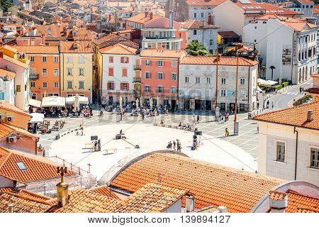 Piran, Slovenia - May 7, 2016: Top view on Tartini square in Piran town. Piran is one of Slovenia's major tourist attractions.