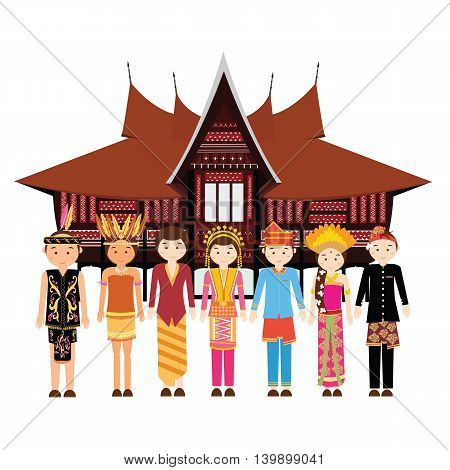 Indonesia ethnic group wearing traditional dress clothes in front of a house culture vector