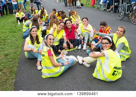 Poznan POLAND - JULY 24 2016: pilgrims dancing and singing during Days In Dioceses just before The World Youth Day in Krakow; WYD is an international meeting of youth from all over the world