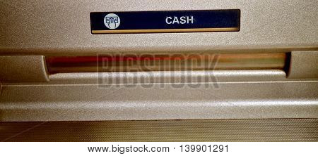 Used Bank ATM banknote place close up