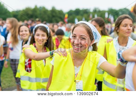 Poznan POLAND - JULY 24 2016: pilgrims praying dancing and singing during Days In Dioceses just before The World Youth Day in Krakow; WYD is a meeting of youth from all over the world