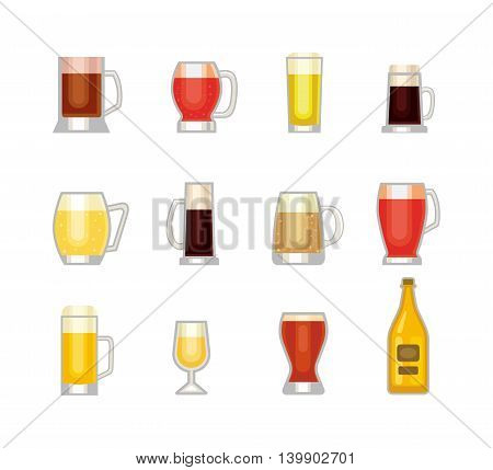 Beer bottle, glass and different types of beer label. Alcohol drinks cups vector icons isolated. Oktoberfest beer light and dark drink vector cups mugs