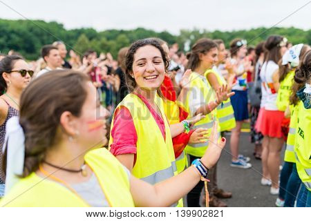 Poznan POLAND - JULY 24 2016: pilgrims praying dancing and singing during Days In Dioceses just before The World Youth Day in Krakow; WYD is a meeting of youth from all over the world