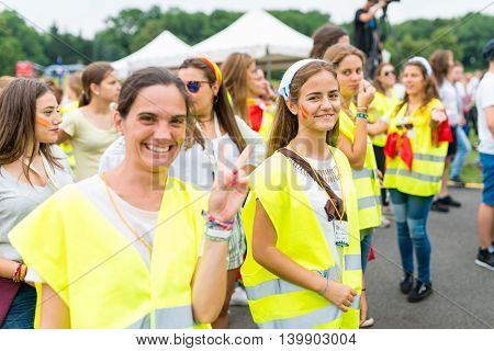 Poznan POLAND - JULY 24 2016: pilgrims praying dancing and singing during Days In Dioceses just before The World Youth Day in Krakow; WYD is a meeting of youth from all over the world