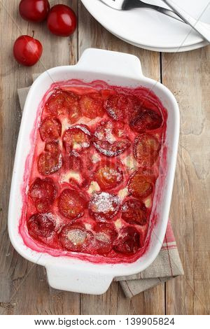 Plum clafoutis in a baking dish
