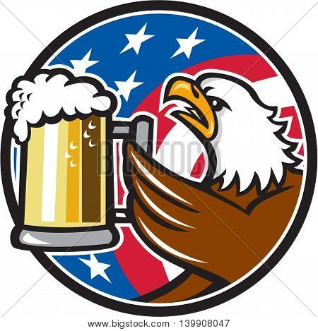Illustration of an american bald eagle hoisting mug glass of beer stein viewed from the side with usa american stars and stripes flag in the background set inside circle done in retro style.