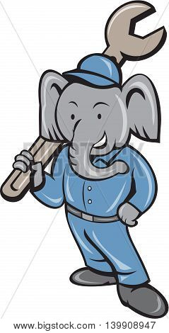 Illustration of an elephant mechanic standing holding spanner on shoulder with one hand on hips viewed from front set on isolated white background done in cartoon style.