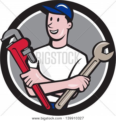 Illustration of a repairman handyman worker wearing hat holding spanner and monkey wrench looking to the side viewed from front set inside circle done in cartoon style.