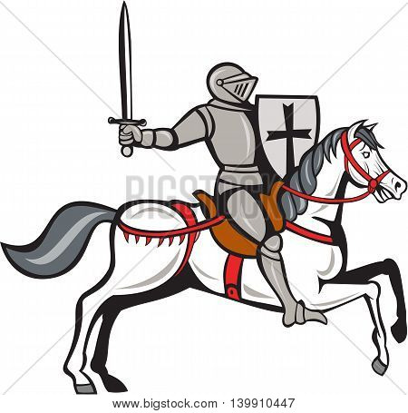 Cartoon style illustration of a knight wearing armor riding on his steed horse holding shield and wielding sword viewed from the side set on isolated white background.