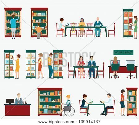 Various character of people in Bookstore or library with bookshelves isolated on white adult and teenager business people and wheel chair of disabled woman vector illustration.