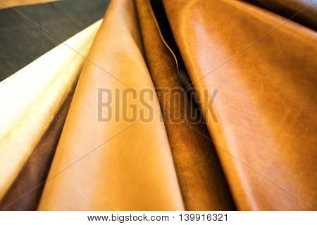 Natural cow leathers in different colors. Sample leathers.