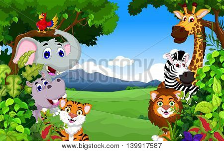 funny animal cartoon with forest landscape background