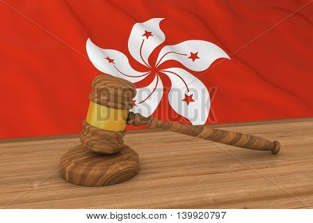 Hong Kongese Law Concept - Flag Of Hong Kong Behind Judge's Gavel 3D Illustration