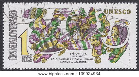 MOSCOW RUSSIA - CIRCA FEBRUARY 2016: a post stamp printed in CZECHOSLOVAKIA devoted to UNESCO - Fight against Rascism circa 1971