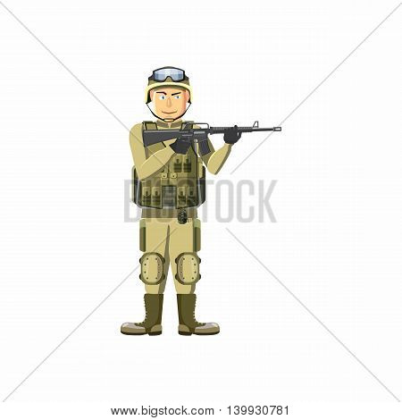 Infantryman with weapons icon in cartoon style isolated on white background. People symbol