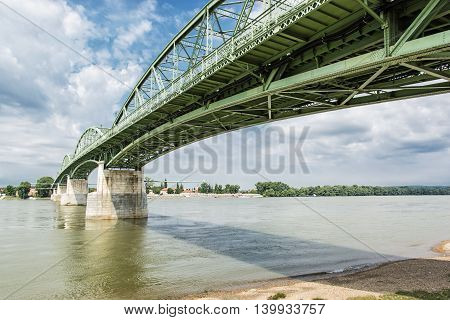 Maria Valeria bridge joins Esztergom in Hungary and Sturovo in Slovak republic across the Danube river. Architectural scene. Transportation theme.