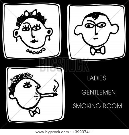 Toilet icon set . Smoking room icon. Iillustration. Hand drawn. Black on white background