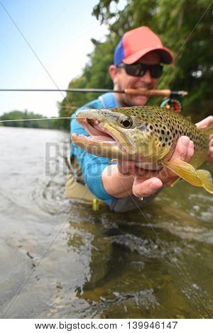 Fly-fisherman holding brown trout out of the water