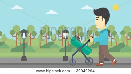 An asian young father walking with baby stroller in the park. Father walking with his baby in stroller. Father pushing baby stroller. Vector flat design illustration. Horizontal layout.