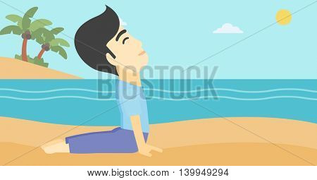 An asian young man practicing yoga upward dog pose. Man meditating in yoga upward dog position on the beach. Man doing yoga on nature. Vector flat design illustration. Horizontal layout