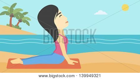 An asian young woman practicing yoga upward dog position. Woman meditating in yoga upward dog position on the beach. Woman doing yoga on nature. Vector flat design illustration. Horizontal layout