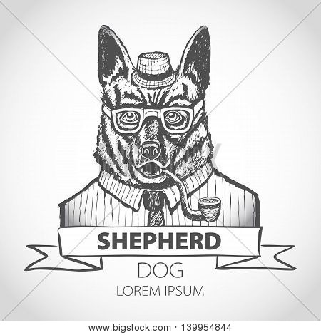 German Dog Shepherd Hipster Smokes A Pipe In A Headdress Illustration Vector