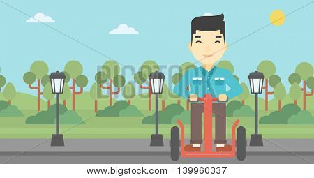 An asian young man driving electric scooter. Man on self-balancing electric scooter with two wheels. Man on electric scooter in the park. Vector flat design illustration. Horizontal layout