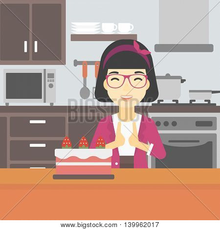 An asian happy woman looking with passion at a big cake. An excited woman standing in front of cake in the kitchen. Woman craving delicious cake. Vector flat design illustration. Square layout.