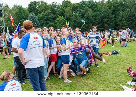 Poznan POLAND - JULY 24 2016: pilgrims taking selfie pictures during Days In Dioceses just before The World Youth Day in Krakow; WYD is a meeting of youth from all over the world