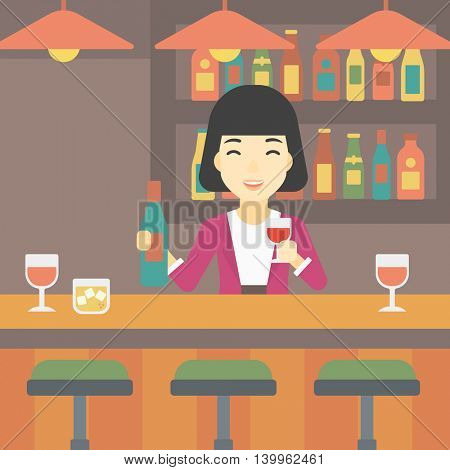 An asian female bartender standing at the bar counter. Female bartender with a bottle and a glass in hands. Female bartender at work. Vector flat design illustration. Square layout.