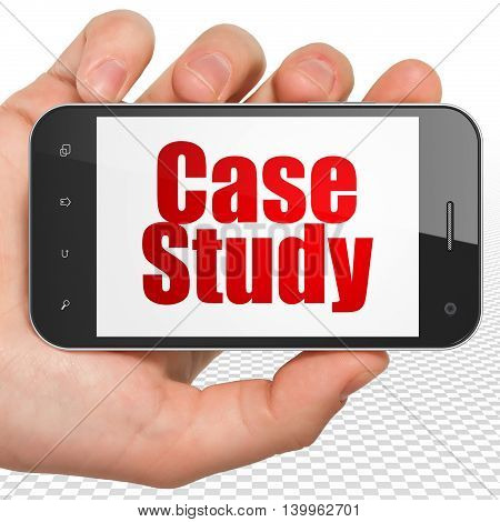 Studying concept: Hand Holding Smartphone with red text Case Study on display, 3D rendering