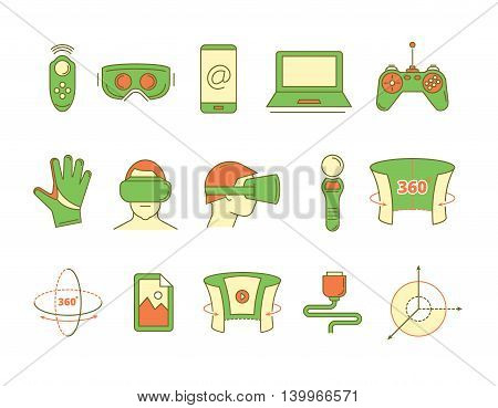 set of color linear icons virtual reality accessories. 360 degree view. Rotation arrows. Gloves and helmet. Illustrations isolate on white background