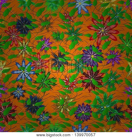 Vector Illustration of pattern with colorful flowers on orange background.