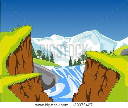 Vector illustration of the canyon and waterfall in mountain