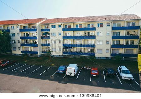 Modern block of flats and parking in Maintal Germany