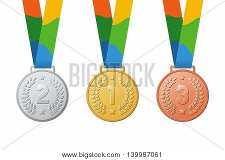 Gold silver bronze medals. Color ribbon. First second third place on summer games.