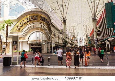 LAS VEGAS NV USA - JULY 14 2013: The Golden Nugget hotel and casino in Downtown. Freemont street experience.