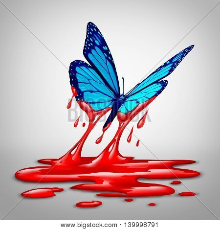 Hope After Violence or optimism concept and diplomacy symbol as a butterfly flying out of blood as an icon for humanity and a global safer world with 3D illustration elements.