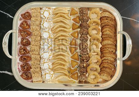 Traditional Moroccan Festive Cookies On Silver Tray, View From Above. Ramadan Cookies Ready For Eati