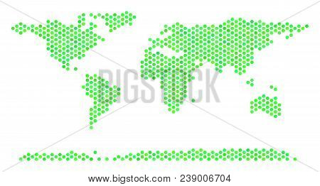 Green World Continent Map. Vector Hex-tile Territorial Map In Green Color Shades. Abstract World Con