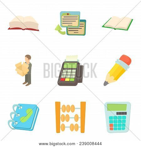 Desktop Environment Icons Set. Cartoon Set Of 9 Work Environment Vector Icons For Web Isolated On Wh